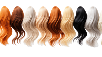 Collection of colorful wigs on transparent background