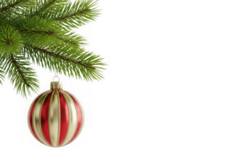 A single red gold striped christmas ornament hanging a green fir tree branch 