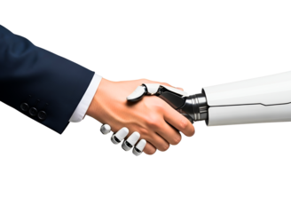 Human hand and robot hand shaking hands isolated on transparent background