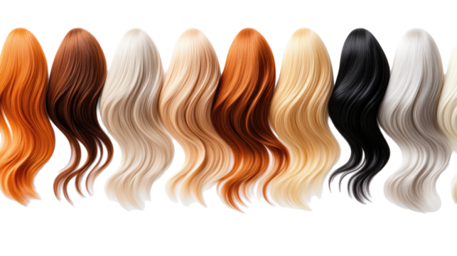 Collection of colorful wigs on transparent background