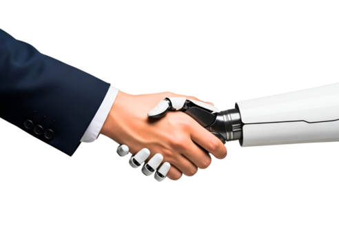 Human hand and robot hand shaking hands isolated on transparent background
