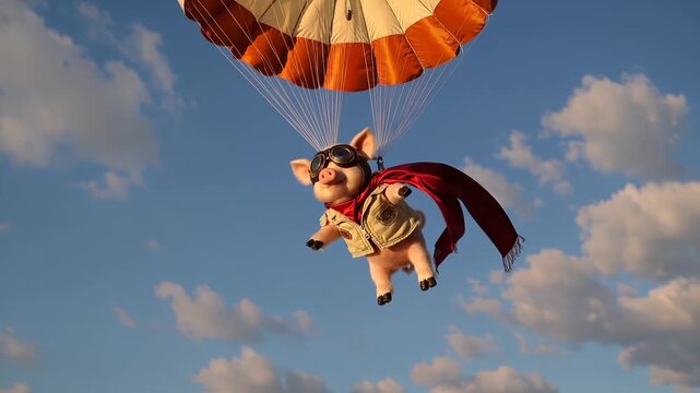 pig descends under parachute against blue sky. cloud backdrop frames goggle and scarf. jacket and harness secure body. flight captured as stunt in open air. wind gust animates fabric and rope texture.