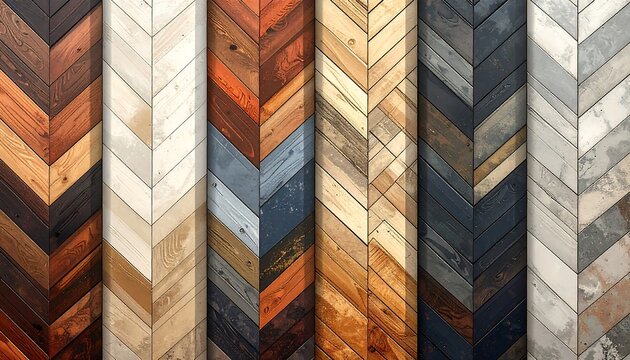 A compilation featuring various herringbone patterns in wooden and stone textures. The diverse panel designs showcase different colors and materials