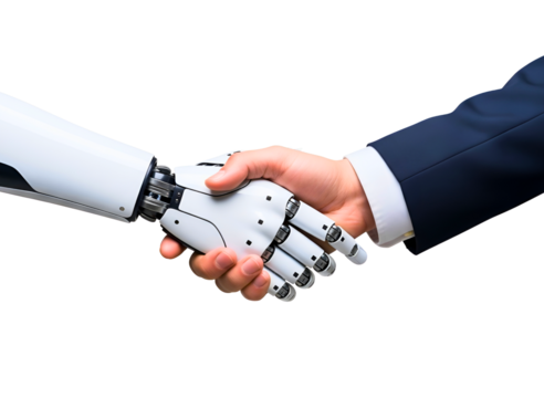 Human hand and robot hand shaking hands isolated on transparent background