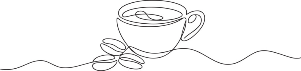 Minimalist single line drawing coffee cup with beans coffee beans line art © Mehedy