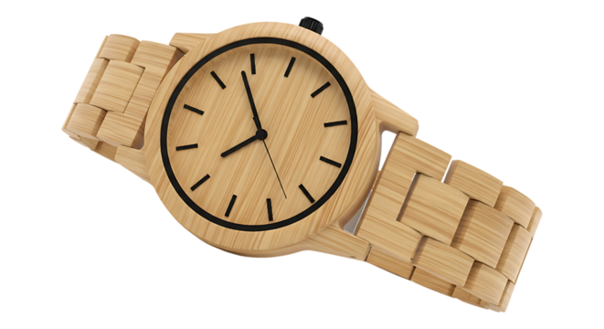 Elegant wooden wristwatch with minimalist design isolated on transparent background