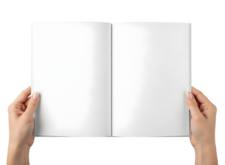 Hands holding open blank white book isolated on transparent background
