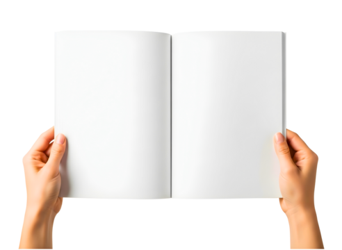 Hands holding open blank white book isolated on transparent background