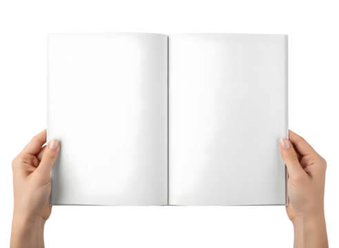 Hands holding open blank white book isolated on transparent background