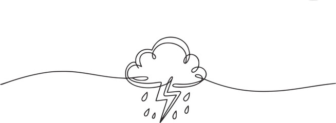 Storm cloud lightning rain drops single line drawing vector