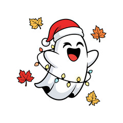 Cute Ghost with Santa Hat and Christmas Lights