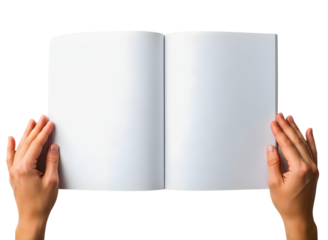 Hands holding open blank white book isolated on transparent background