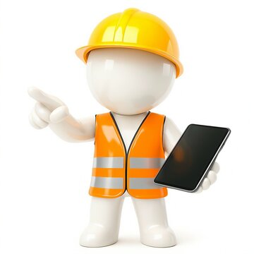 3D character illustration of a construction worker or engineer in a yellow hardhat and safety equipment using a laptop to review building plans