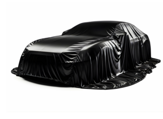 Black car covered with dark fabric isolated on transparent background