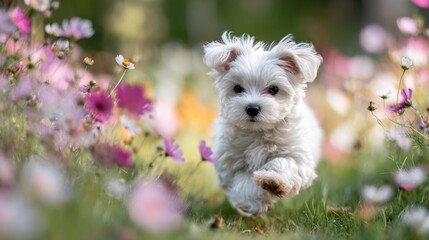 Fluffy Puppy Running Playfully Through a Flower Meadow on a Sunny Day