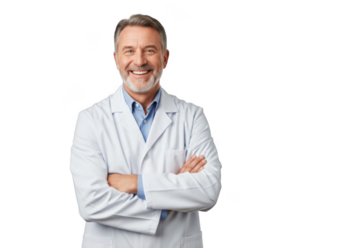 Smiling older man in white lab coat isolated on transparent background