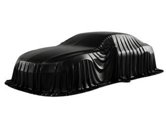 Black car covered with dark fabric isolated on transparent background