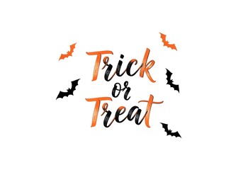 A whimsical "Trick or Treat" text design in black and orange gradient, accented with small bats, on a clean white background