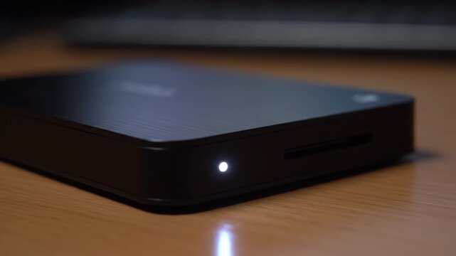 Sleek external storage device with modern technology offers high capacity data storage, USB connection, and illuminated indicator for seamless portability and efficient backup solutions