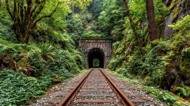 A tranquil railway leads into a natural tunnel surrounded by vibrant green foliage and towering trees.