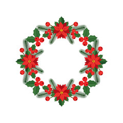Christmas Wreath with Poinsettia, Holly, and Pine Branches