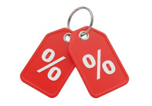 Two red price tags percentage symbols, isolated on transparent background