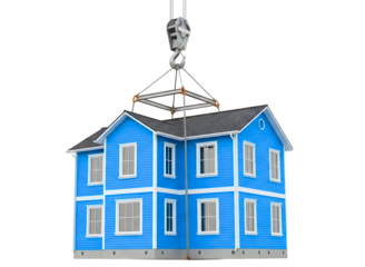 Blue house being lifted by a crane isolated on transparent background