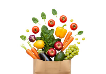 Fresh Vegetables and Fruits Overflowing from a Grocery Bag.
