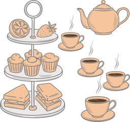Tea-time setup with pastries, sandwiches, teapot and cups, hand-drawn style, afternoon snack, cozy gathering, vector illustration, traditional refreshment scene