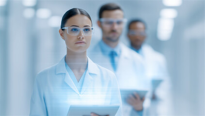 Portrait of female doctor wearing protective glasses standing in hospital hallway, concept of medicine, healthcare and professionalism.