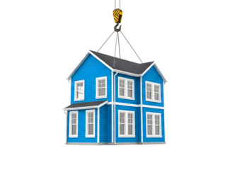 Blue house being lifted by a crane isolated on transparent background