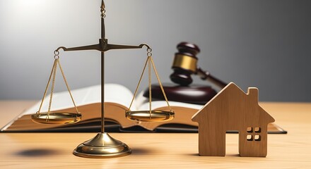 Legal justice and property rights symbolized by scales of justice and gavel