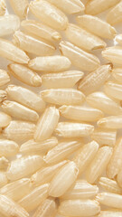 Close-up of uncooked white rice grains in random arrangement on light background.