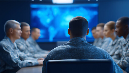Group of military officers gathered in strategy briefing room with digital screen, concept of defense, leadership and teamwork.
