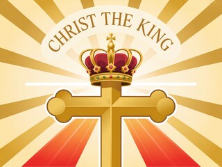 Golden christ the king cross with regal crown and radiant sunburst background