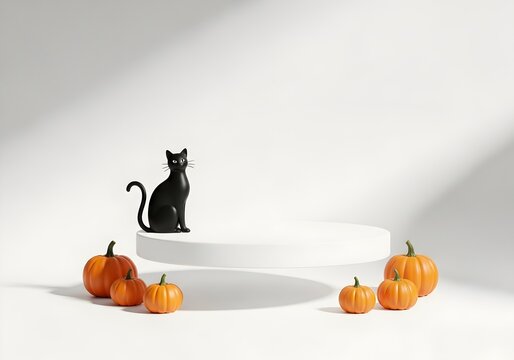 sleek black cat sits on a floating white pedestal, surrounded by mini pumpkins, creating a minimalist and stylish Halloween display