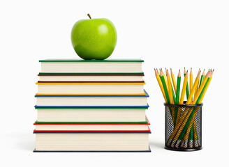 Stack of books with green apple and pencils isolated on transparent background