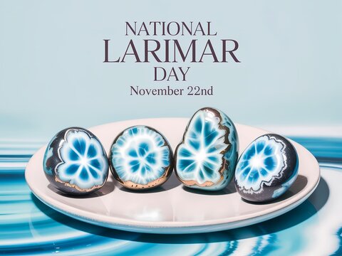 Celebrating national larimar day with beautiful blue and white polished stones on a plate