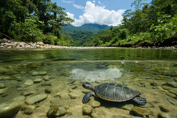 A freshwater turtle gliding along the riverbed, undisturbed by the current