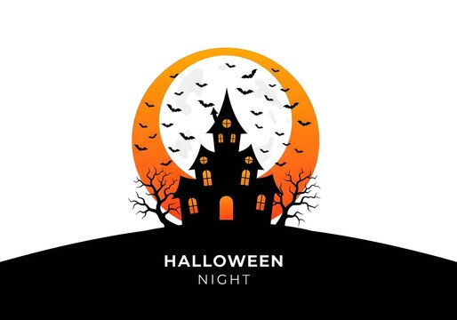 Ilustra&ccedil;&atilde;o vetorial minimalista e estilizada de uma casa assombrada em silhueta no topo de uma colina, com morcegos voando contra uma grande lua laranja e branca.