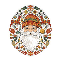 Folk Art Santa Claus with Reindeer and Floral Pattern