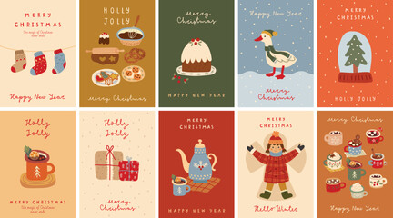 Christmas  card set - Holidays flyers. Christmas prints, Lettering with Christmas and New Year decorative elements. Vector illustration.
