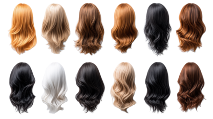 Various Wigs Displayed on Transparent Background