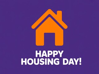 Orange house icon with happy housing day text on purple background