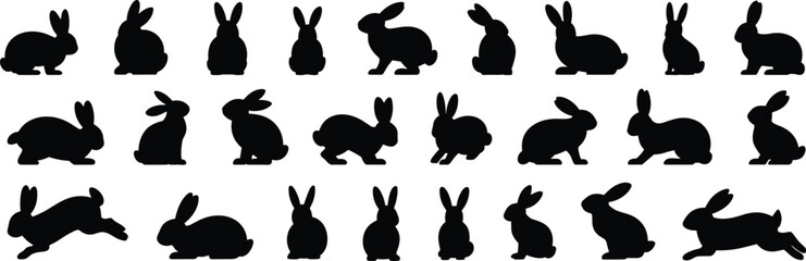 Rabbit silhouette set in varied poses, black animal shapes for wildlife, nature, behavior, animation and educational design themes