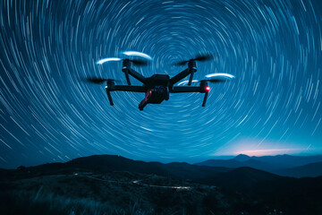 A futuristic drone shot with glowing star trails in the background  