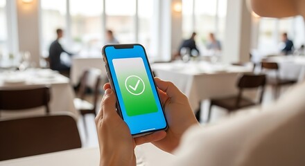 Person holding a smartphone with a digital health pass app in a restaurant