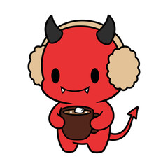 vector illustration of a chibi demon wearing earmuffs and holding a hot cocoa mug