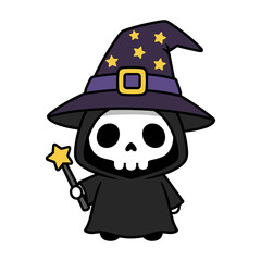 vector illustration of a chibi grim reaper wearing a pointed wizard hat