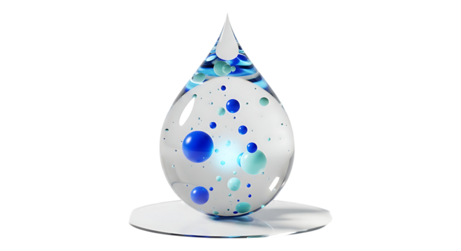 Water drop with blue and white bubbles isolated on transparent background
